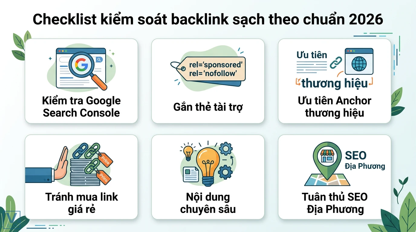 Liên kết không tự nhiên là gì? Cẩm nang kiểm soát Backlink sạch 2026 2 Checklist kiểm soát backlink sạch 2026 gồm Google Search Console, gắn thẻ tài trợ, anchor thương hiệu, nội dung chuyên sâu và SEO địa phương
