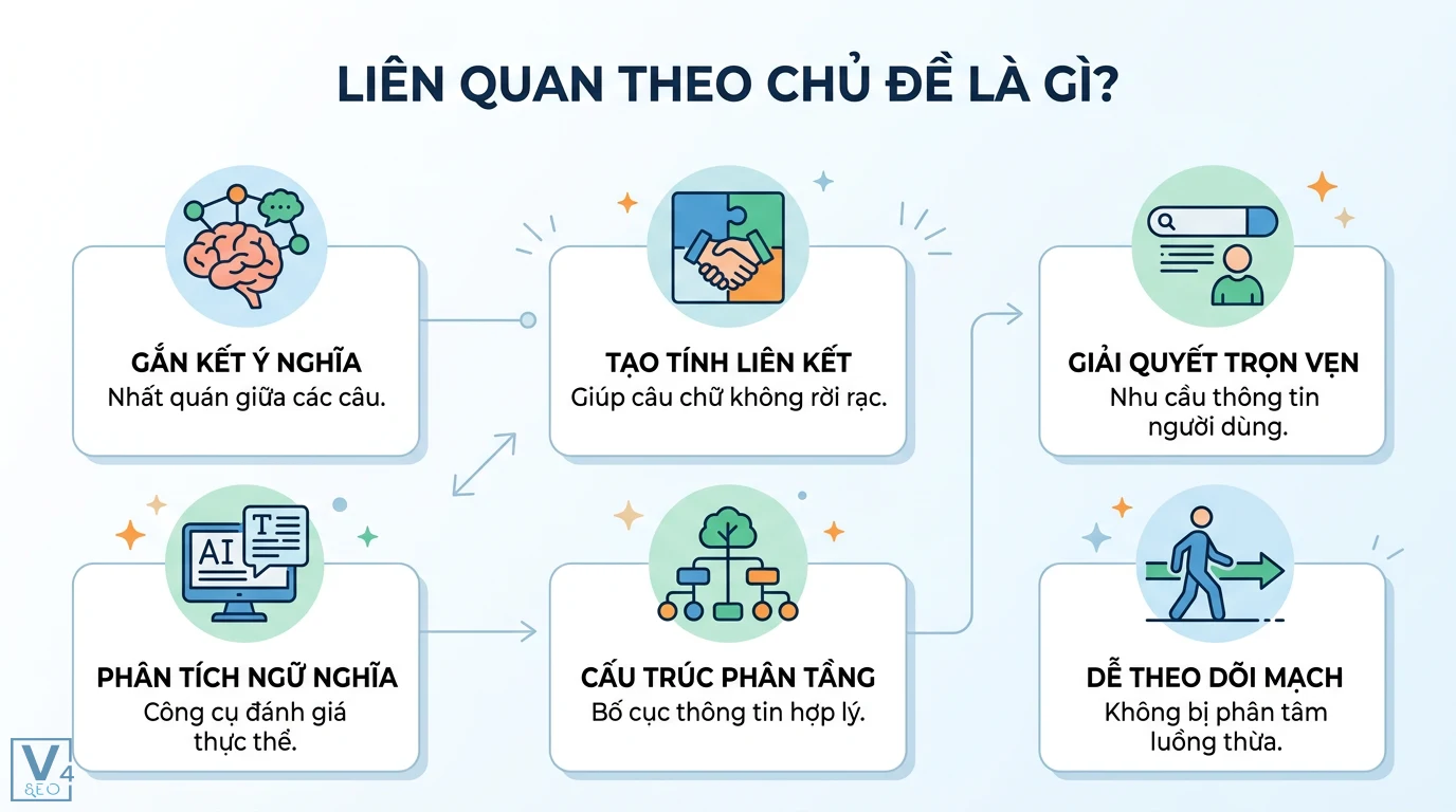 Liên quan theo chủ đề là gì? Định nghĩa, ví dụ ứng dụng thực tế 1 Liên quan theo chủ đề giúp gắn kết ý nghĩa và tính liên kết văn bản để giải quyết trọn vẹn nhu cầu thông tin qua cấu trúc phân tầng hợp lý