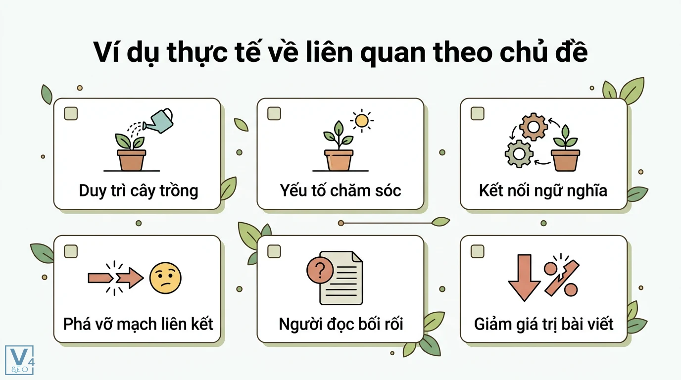 Liên quan theo chủ đề là gì? Định nghĩa, ví dụ ứng dụng thực tế 2 Liên quan theo chủ đề qua duy trì cây trồng, yếu tố chăm sóc, kết nối ngữ nghĩa và hậu quả do phá vỡ mạch liên kết làm giảm giá trị bài viết