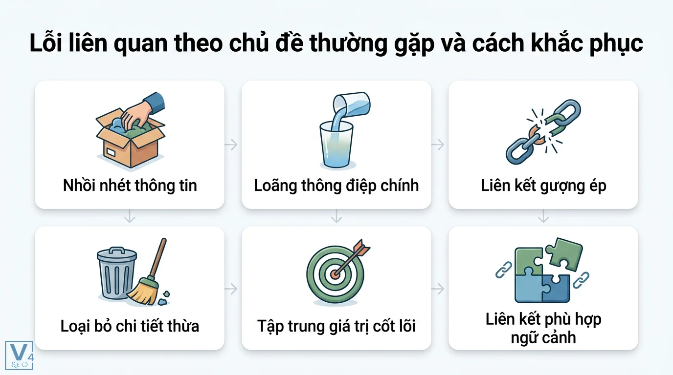 Liên quan theo chủ đề là gì? Định nghĩa, ví dụ ứng dụng thực tế 3 Lỗi liên quan theo chủ đề như nhồi nhét thông tin, liên kết gượng ép và cách khắc phục bằng việc loại bỏ chi tiết thừa, tập trung giá trị cốt lõi