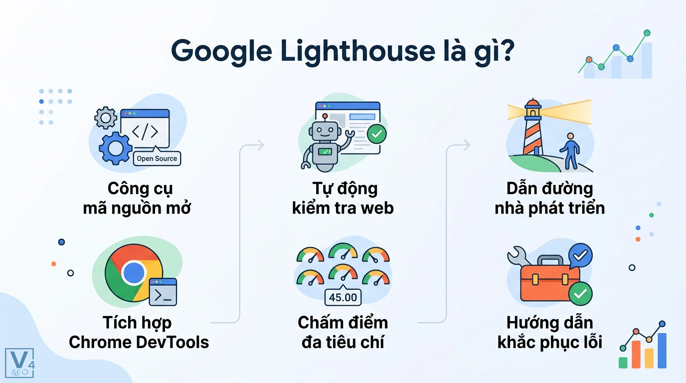 Lighthouse là gì? Hướng dẫn tối ưu SEO và Web Performance từ A-Z 3 Google Lighthouse mã nguồn mở tích hợp Chrome DevTools giúp tự động kiểm tra web, chấm điểm đa tiêu chí và hướng dẫn khắc phục lỗi