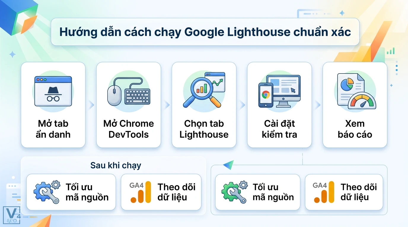 Lighthouse là gì? Hướng dẫn tối ưu SEO và Web Performance từ A-Z 1 Cách chạy Google Lighthouse chuẩn xác gồm mở tab ẩn danh, Chrome DevTools, xem báo cáo, tối ưu mã nguồn và theo dõi dữ liệu GA4