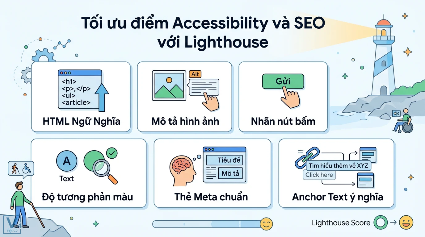 Lighthouse là gì? Hướng dẫn tối ưu SEO và Web Performance từ A-Z 2 Tối ưu Accessibility và SEO với Lighthouse qua HTML ngữ nghĩa, thuộc tính alt, nhãn nút bấm, độ tương phản màu, thẻ meta và anchor text ý nghĩa
