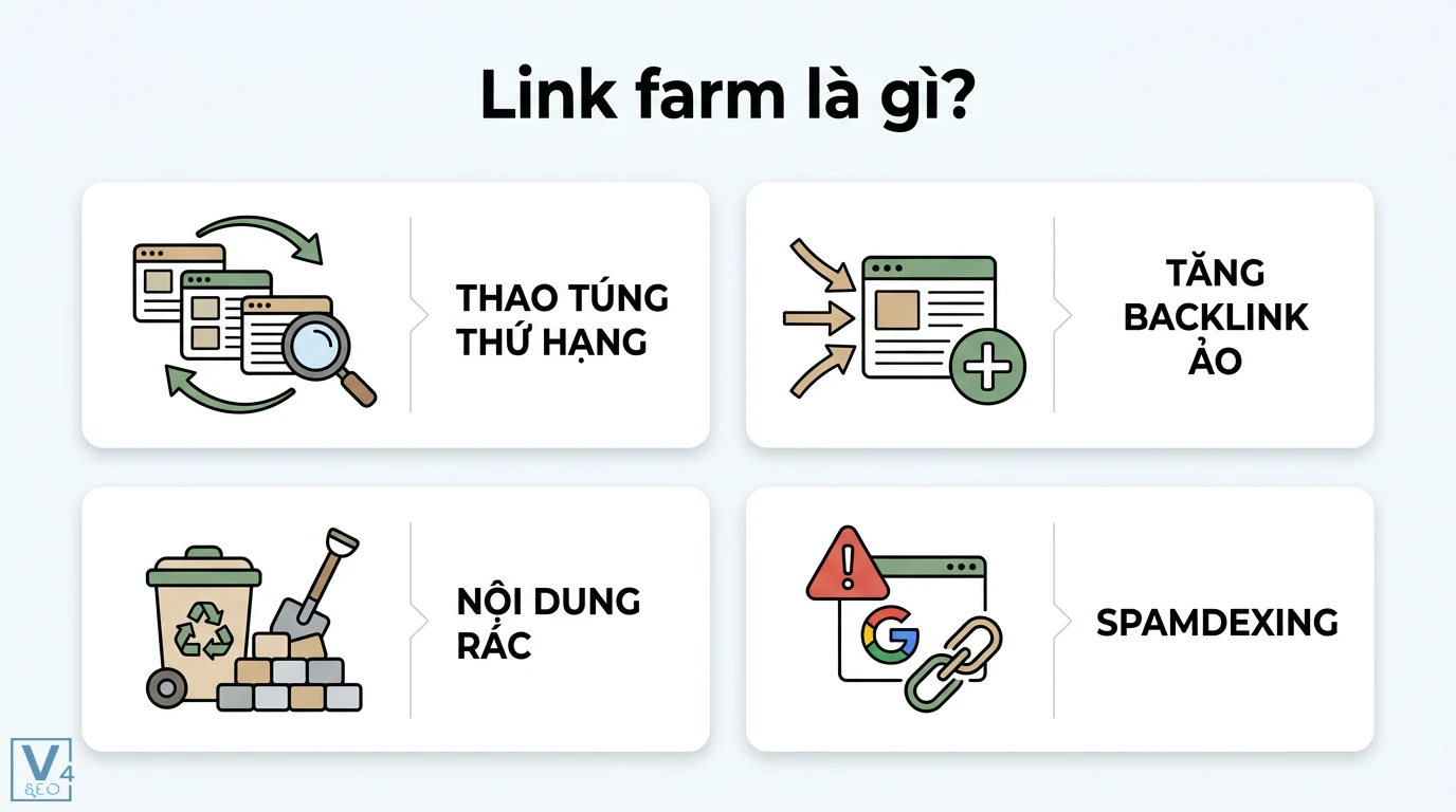 Link farm là gì? Cách nhận diện và phòng tránh án phạt từ Google 1 Link farm thao túng thứ hạng bằng cách tăng backlink ảo, tạo nội dung rác và thực hiện spamdexing để đánh lừa các thuật toán tìm kiếm