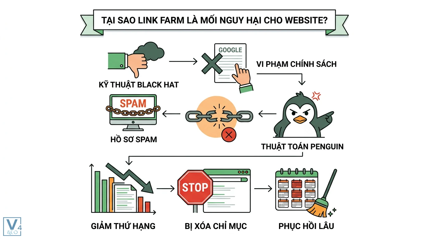 Link farm là gì? Cách nhận diện và phòng tránh án phạt từ Google 2 Tác hại của link farm và kỹ thuật Black hat bị thuật toán Penguin trừng phạt gây giảm thứ hạng, xóa chỉ mục và mất nhiều thời gian phục hồi