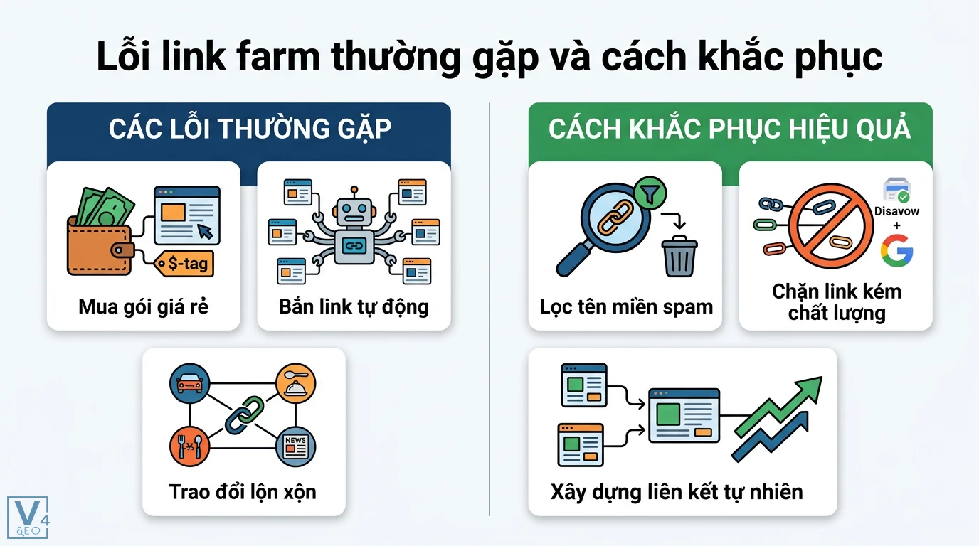 Link farm là gì? Cách nhận diện và phòng tránh án phạt từ Google 3 Lỗi link farm do mua gói giá rẻ, bắn link tự động và cách xử lý bằng lọc tên miền spam, chặn link xấu qua Google Disavow, xây liên kết tự nhiên