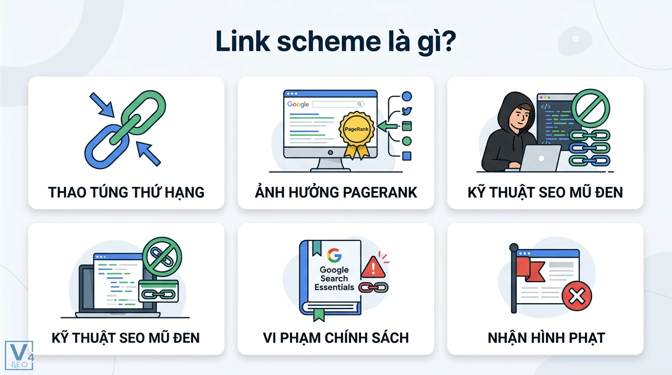 Link scheme là gì? Cách tránh án phạt theo Google Search Essentials 1 Link scheme là kỹ thuật SEO mũ đen thao túng thứ hạng và PageRank vi phạm chính sách Google Search Essentials dẫn đến các hình phạt spam
