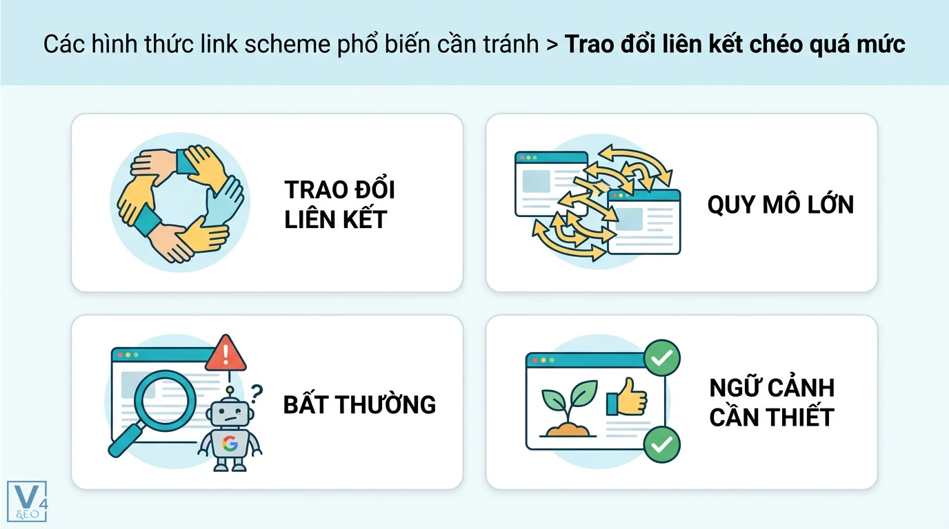 Link scheme là gì? Cách tránh án phạt theo Google Search Essentials 2 Trao đổi liên kết chéo quá mức ở quy mô lớn khiến thuật toán đánh dấu bất thường nếu thiếu ngữ cảnh cần thiết cho website