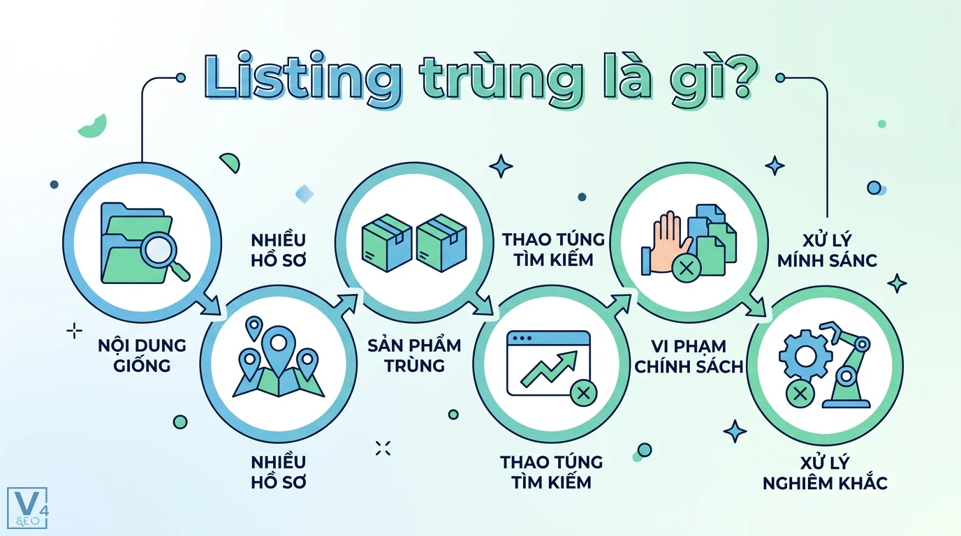 Listing trùng là gì? Cách xử lý trên Google, Shopee và Lazada 1 Listing trùng gồm nội dung giống, nhiều hồ sơ hoặc sản phẩm trùng nhằm thao túng tìm kiếm, vi phạm chính sách và bị xử lý nghiêm khắc