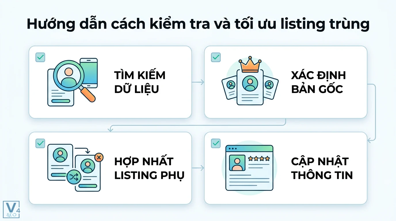Listing trùng là gì? Cách xử lý trên Google, Shopee và Lazada 3 Quy trình kiểm tra và tối ưu listing trùng qua các bước tìm kiếm dữ liệu xác định bản gốc hợp nhất listing phụ và cập nhật thông tin chuẩn xác