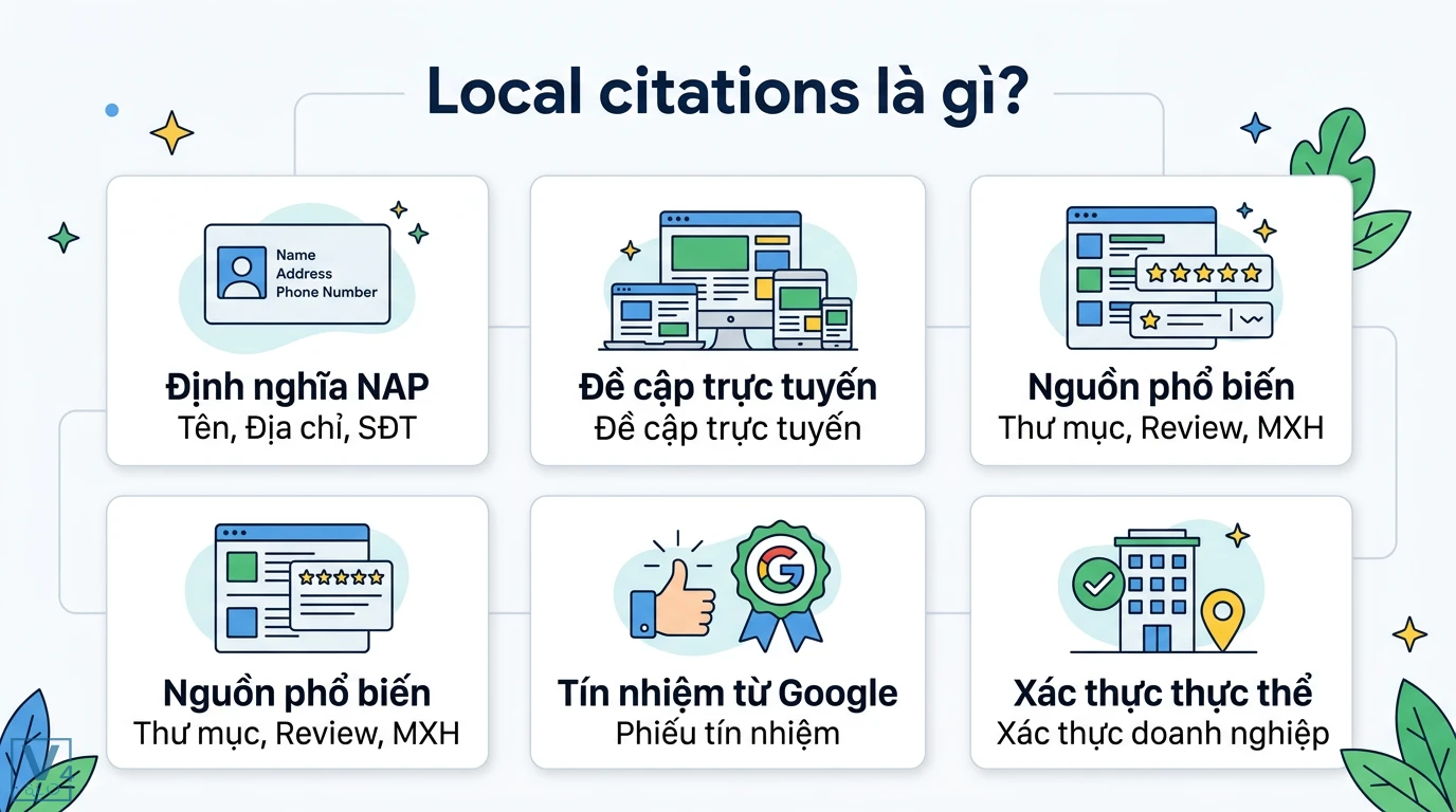 Local citations là gì? Cách tối ưu NAP để bứt phá SEO Local 2026 1 Local citations gồm thông tin NAP từ các thư mục và mạng xã hội giúp Google xác thực thực thể và tăng mức độ tín nhiệm cho địa điểm doanh nghiệp