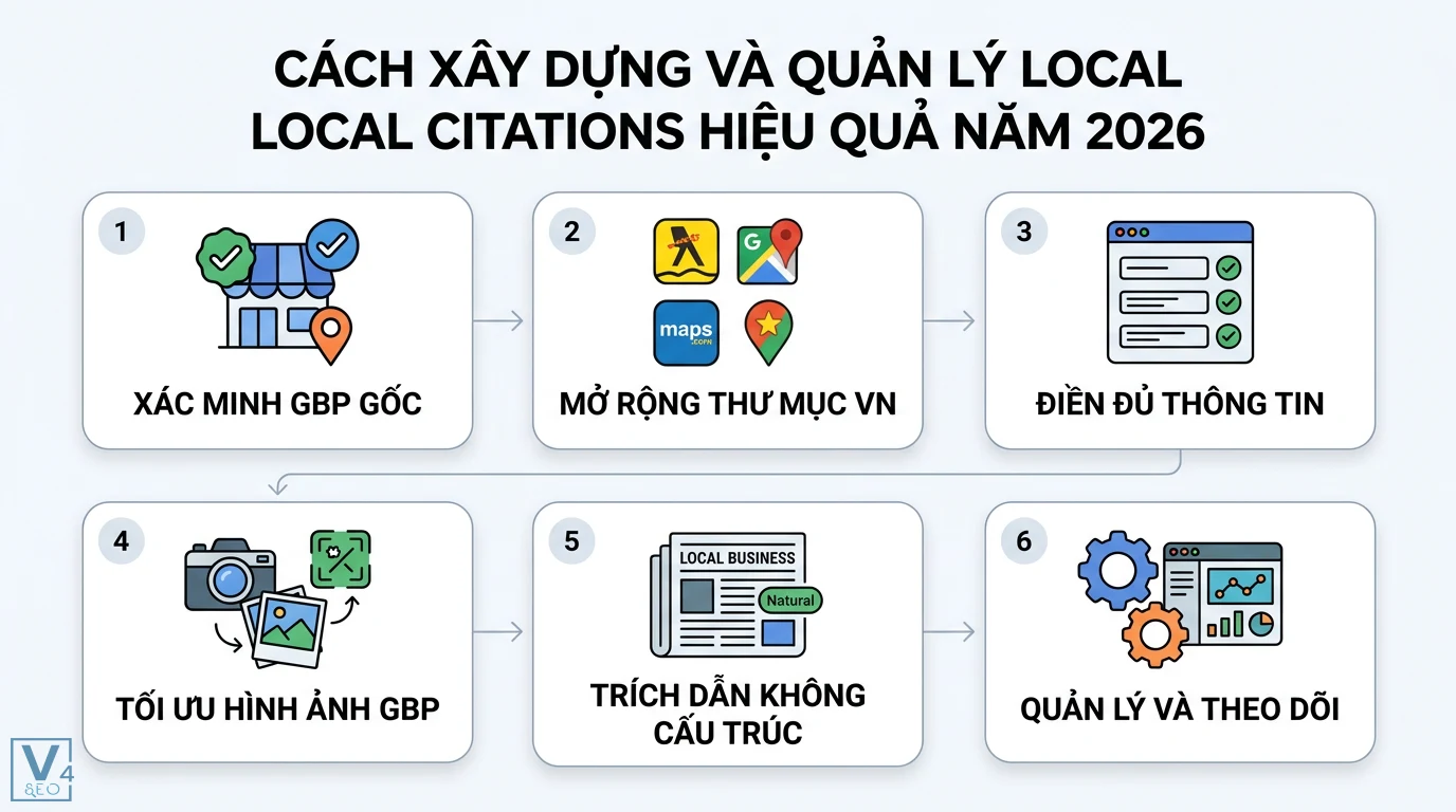 Local citations là gì? Cách tối ưu NAP để bứt phá SEO Local 2026 2 Xây dựng local citations năm 2026 gồm xác minh GBP, mở rộng thư mục Việt Nam, tối ưu hồ sơ và quản lý trích dẫn không cấu trúc