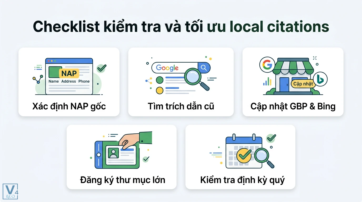 Local citations là gì? Cách tối ưu NAP để bứt phá SEO Local 2026 3 Checklist tối ưu local citations gồm xác định NAP gốc, tìm trích dẫn cũ, cập nhật GBP và Bing, đăng ký thư mục lớn, kiểm tra định kỳ quý
