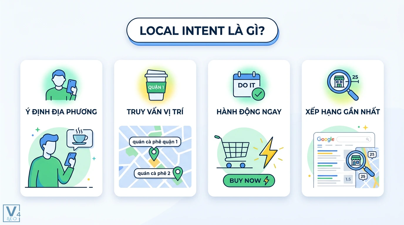 Local intent là gì? Cách tối ưu Google Maps và Local SEO hiệu quả 1 Local intent gồm ý định địa phương, truy vấn vị trí quán cà phê quận 1, hành động mua ngay và hiển thị kết quả xếp hạng gần nhất trên Google