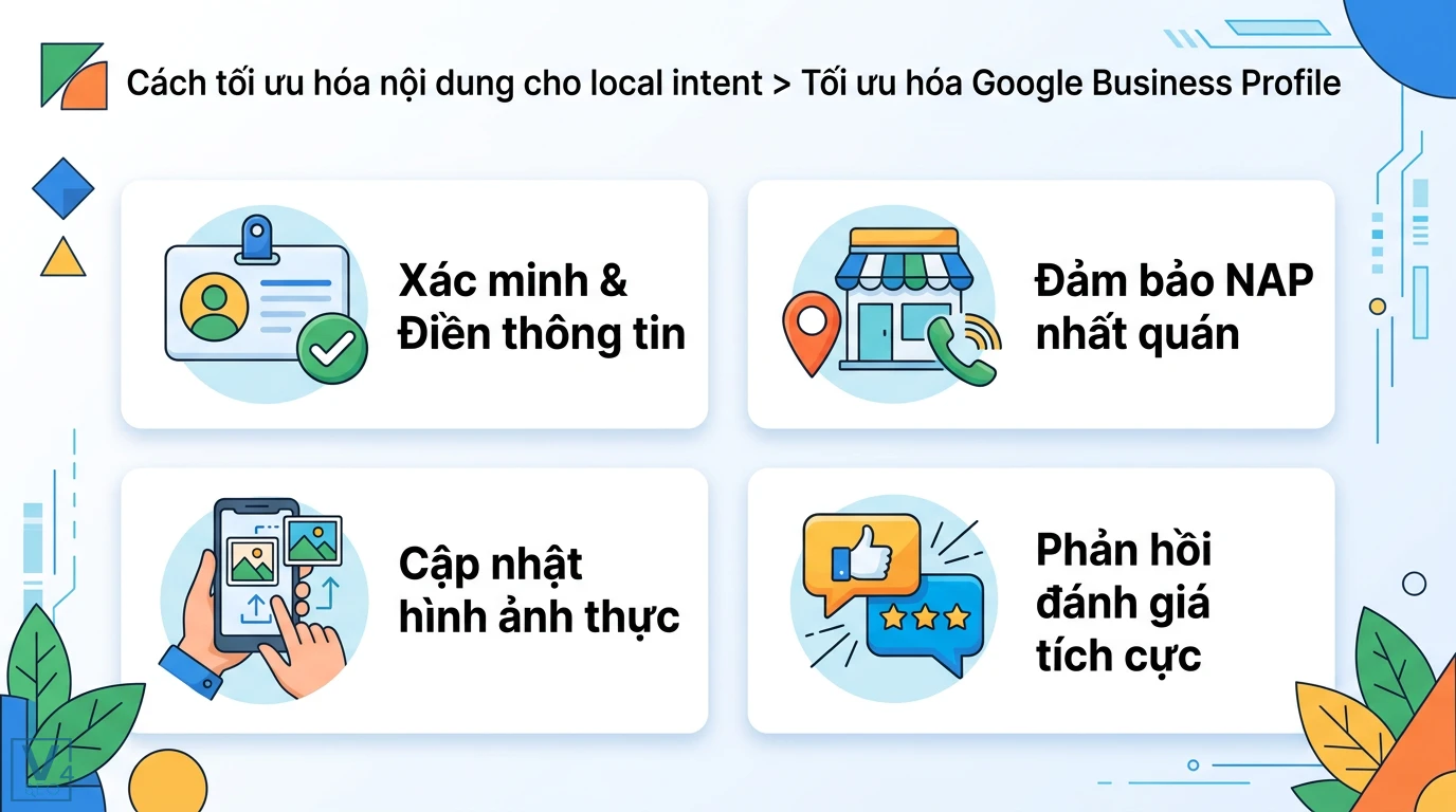 Local intent là gì? Cách tối ưu Google Maps và Local SEO hiệu quả 2 Tối ưu hóa Google Business Profile qua xác minh và điền thông tin, đảm bảo NAP nhất quán, cập nhật ảnh thực và phản hồi đánh giá tích cực