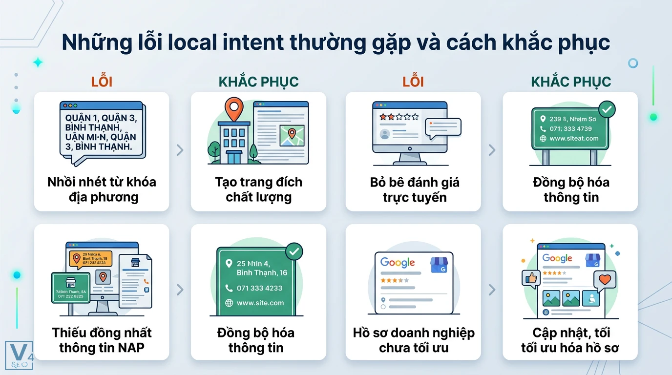 Local intent là gì? Cách tối ưu Google Maps và Local SEO hiệu quả 3 Khắc phục lỗi local intent như nhồi nhét từ khóa, thiếu đồng nhất NAP bằng cách tối ưu Google Business Profile và phản hồi đánh giá khách hàng