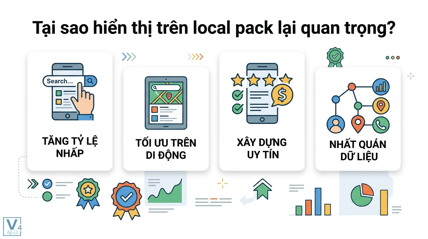 Local pack là gì? Cách tối ưu Google Business Profile năm 2026 1 Vai trò của Local Pack giúp tăng tỷ lệ nhấp, tối ưu trên di động, xây dựng uy tín thương hiệu và đảm bảo tính nhất quán dữ liệu NAP