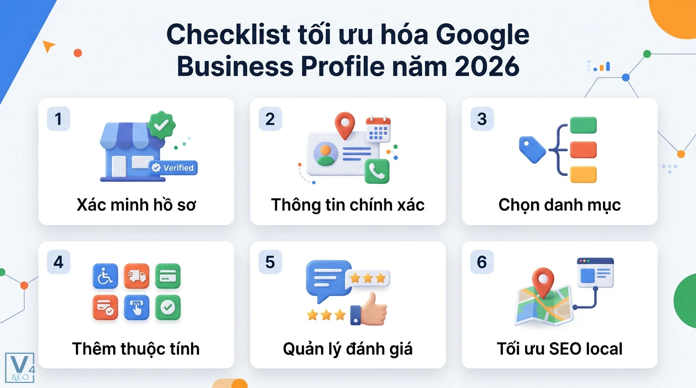 Local pack là gì? Cách tối ưu Google Business Profile năm 2026 2 Checklist tối ưu hóa Google Business Profile năm 2026 gồm xác minh hồ sơ, thông tin chính xác, danh mục, thuộc tính, đánh giá và SEO local
