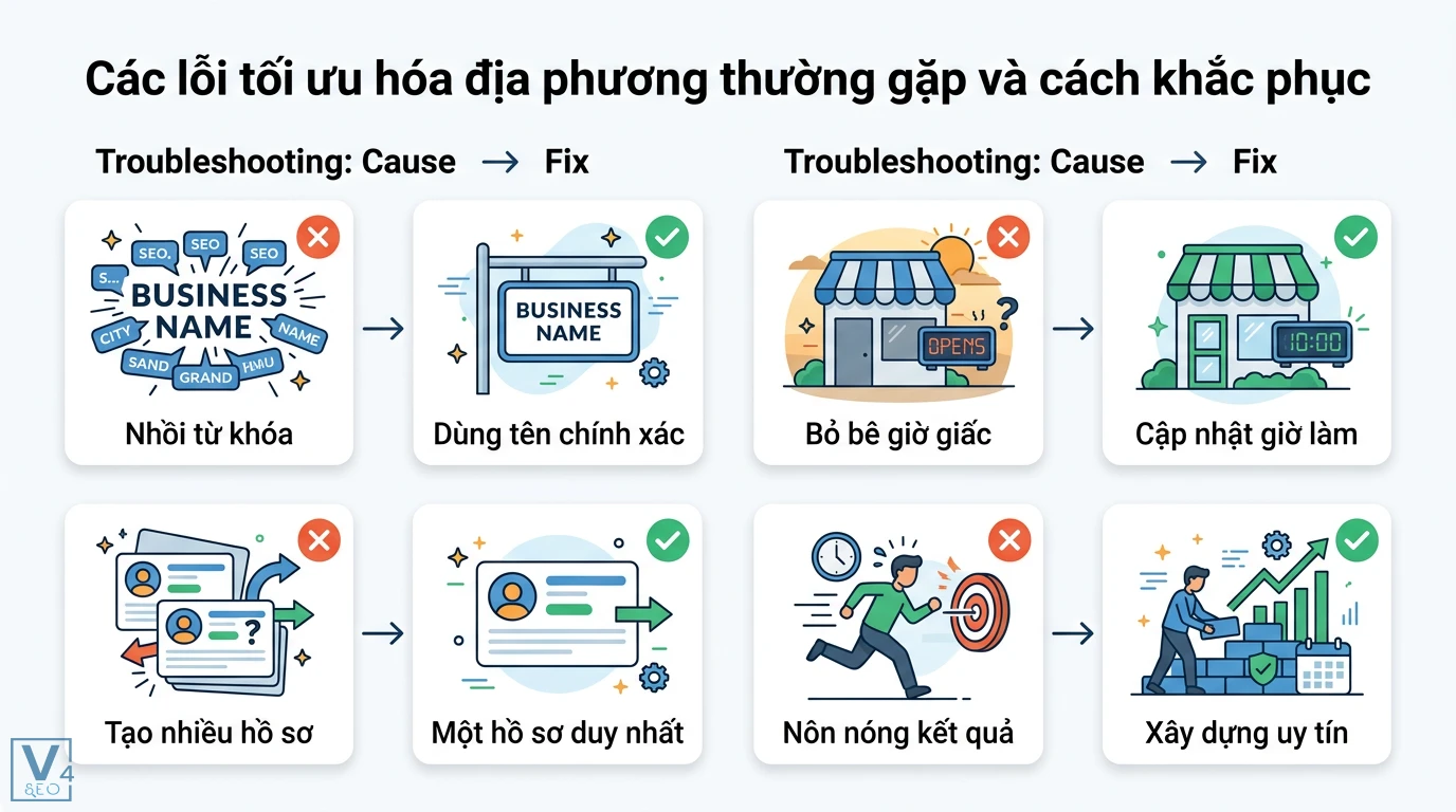 Local pack là gì? Cách tối ưu Google Business Profile năm 2026 3 Khắc phục các lỗi Local SEO bằng việc dùng tên chính xác, cập nhật giờ làm, tạo một hồ sơ duy nhất và kiên trì xây dựng uy tín doanh nghiệp