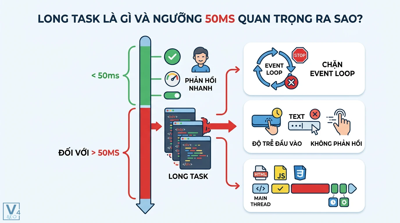 Long task là gì? Hướng dẫn tối ưu Main Thread và chỉ số TBT 1 Long task vượt ngưỡng 50ms gây chặn Event Loop và độ trễ đầu vào khiến trình duyệt không phản hồi tương tác người dùng trên Main Thread