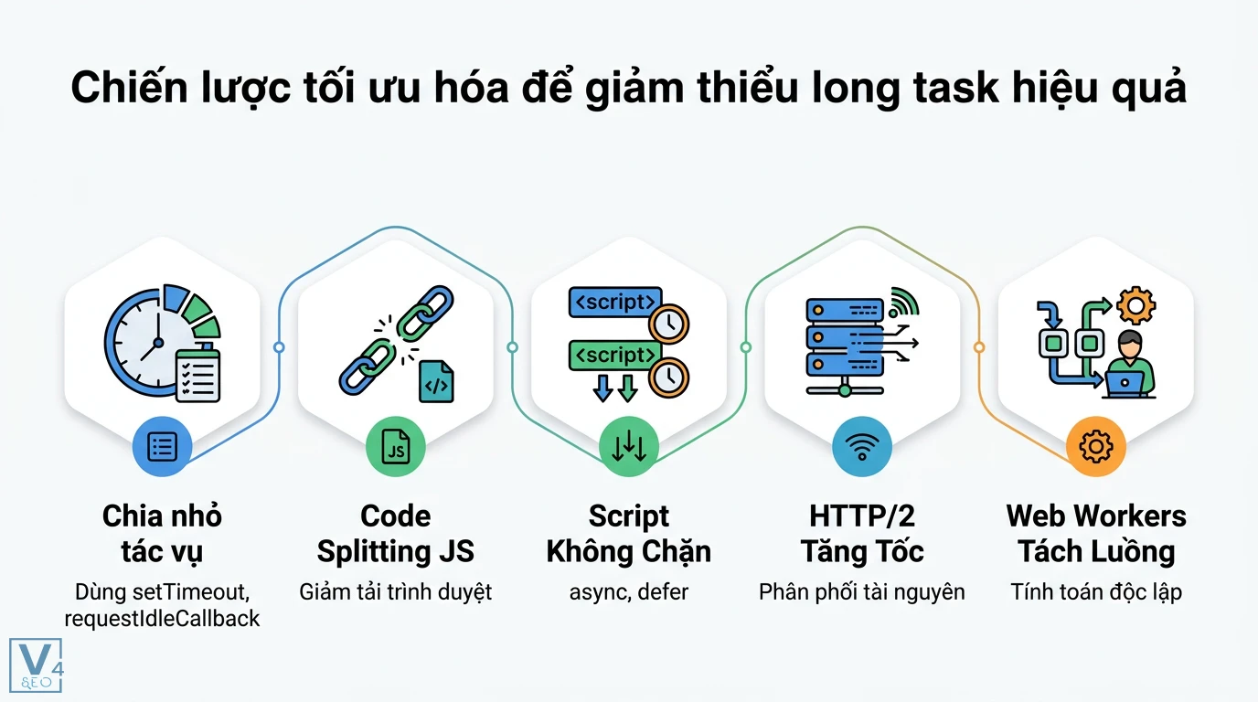 Long task là gì? Hướng dẫn tối ưu Main Thread và chỉ số TBT 2 Chiến lược giảm thiểu long task bằng chia nhỏ tác vụ, code splitting JS, script async defer, tối ưu HTTP/2 và Web Workers tách luồng