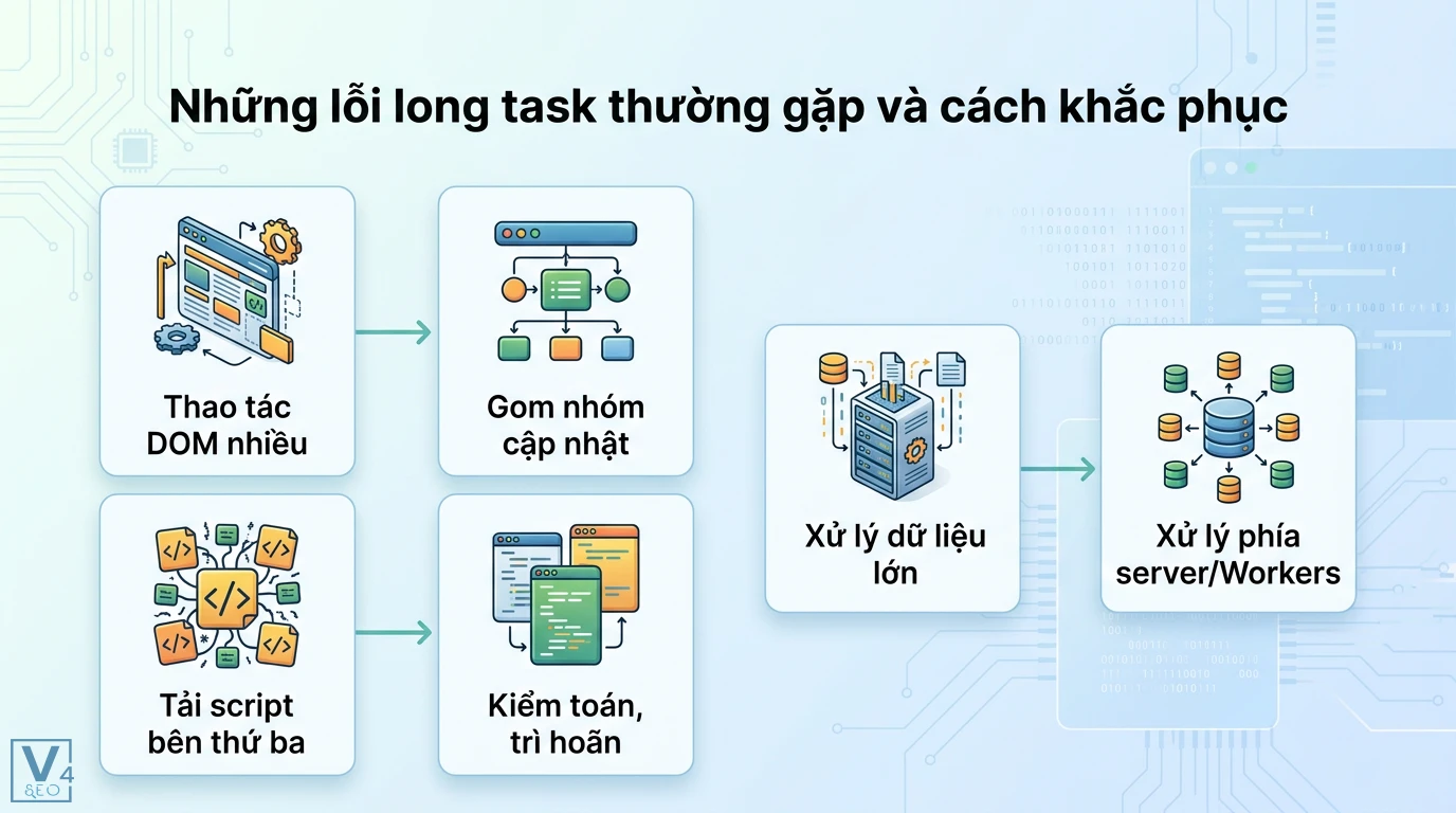 Long task là gì? Hướng dẫn tối ưu Main Thread và chỉ số TBT 3 Khắc phục lỗi long task bằng cách gom nhóm cập nhật DOM, trì hoãn script bên thứ ba và xử lý dữ liệu lớn phía server hoặc Web Workers