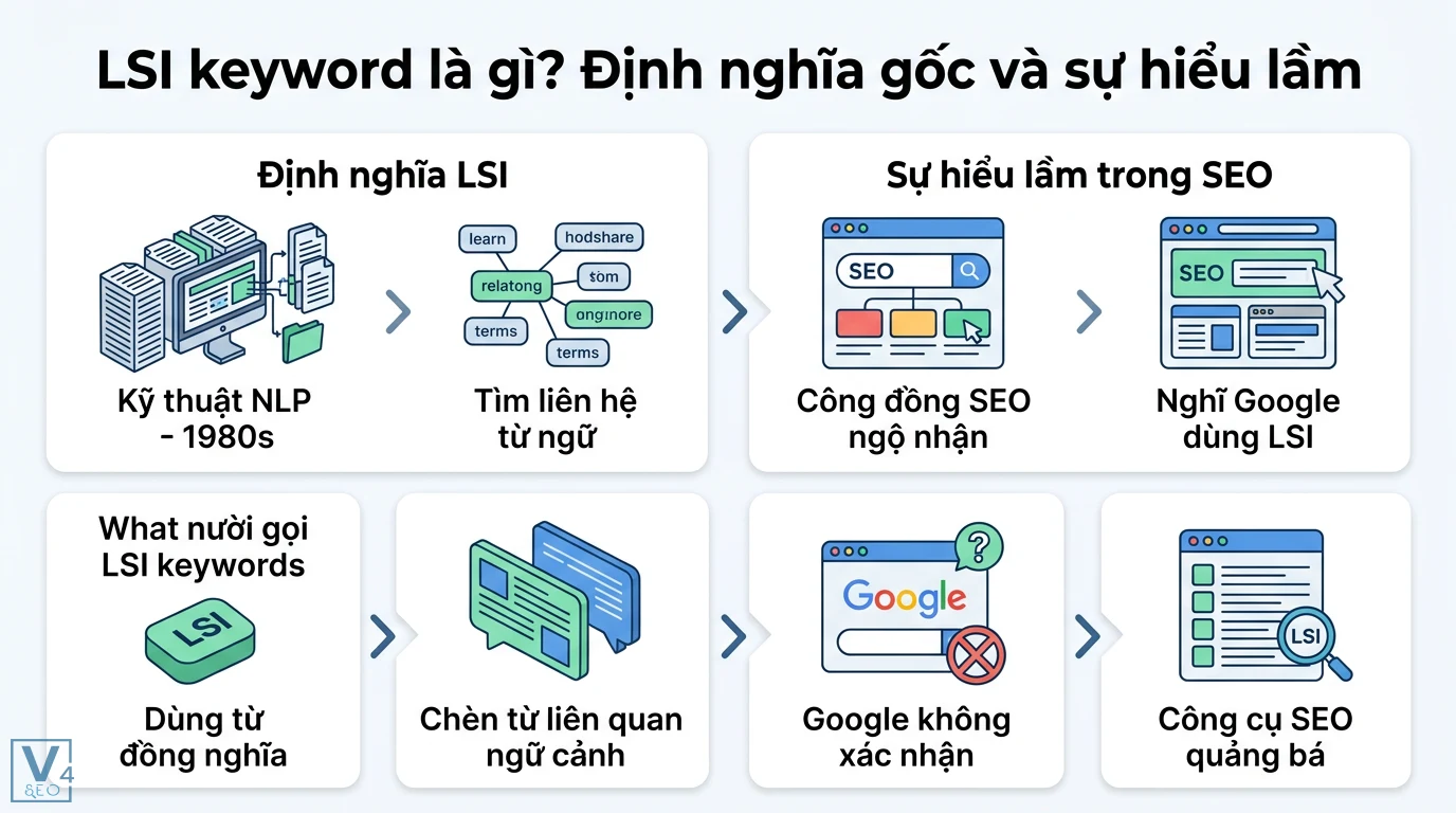 LSI keyword (thuật ngữ hay bị dùng sai) là gì? Hiểu đúng để SEO 1 Phân biệt định nghĩa gốc LSI là kỹ thuật NLP tìm liên hệ từ ngữ và sự hiểu lầm của giới SEO khi cho rằng Google dùng LSI keyword để xếp hạng
