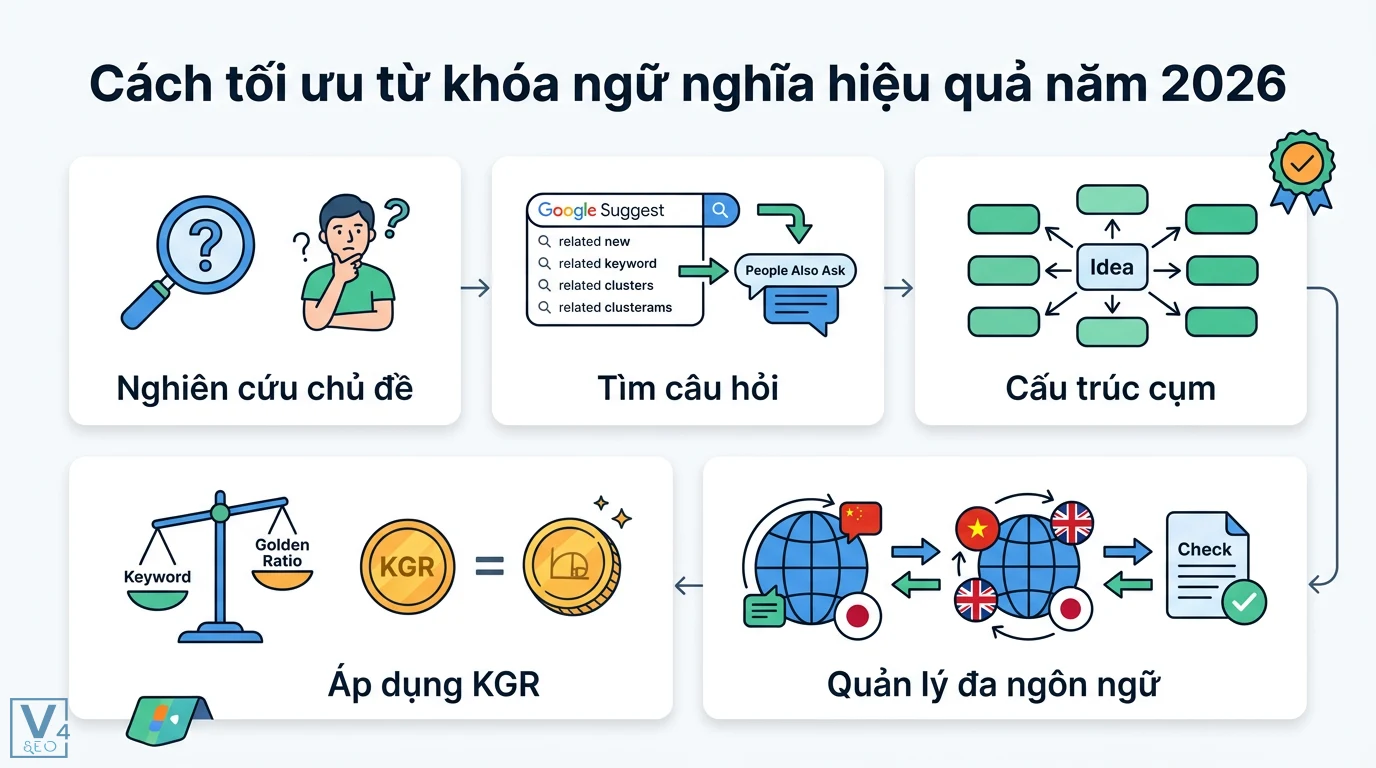 LSI keyword (thuật ngữ hay bị dùng sai) là gì? Hiểu đúng để SEO 2 Quy trình tối ưu từ khóa ngữ nghĩa hiệu quả gồm nghiên cứu chủ đề, tìm câu hỏi, cấu trúc cụm, quản lý đa ngôn ngữ và áp dụng KGR