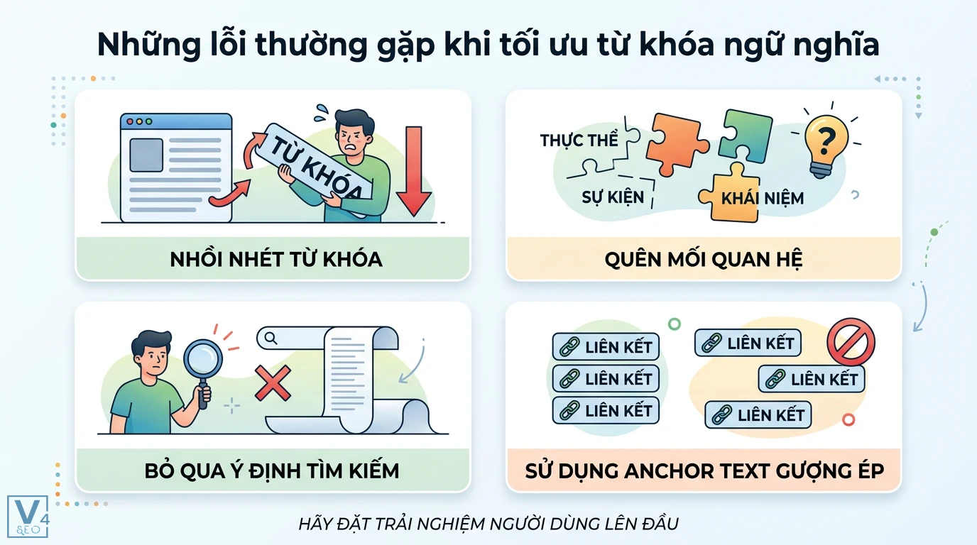 LSI keyword (thuật ngữ hay bị dùng sai) là gì? Hiểu đúng để SEO 3 Những lỗi khi tối ưu từ khóa ngữ nghĩa gồm nhồi nhét từ khóa, quên mối quan hệ, bỏ qua ý định tìm kiếm và dùng anchor text gượng ép