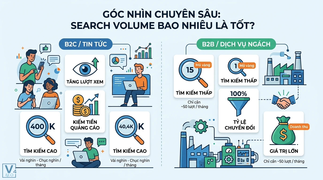 Lượng tìm kiếm là gì? Cách dùng Search Volume để chọn từ khóa SEO 2 Search volume tốt cho website B2C cần lượng truy cập lớn và B2B dịch vụ ngách ưu tiên chuyển đổi từ lượt tìm kiếm thấp để tạo ra giá trị lớn
