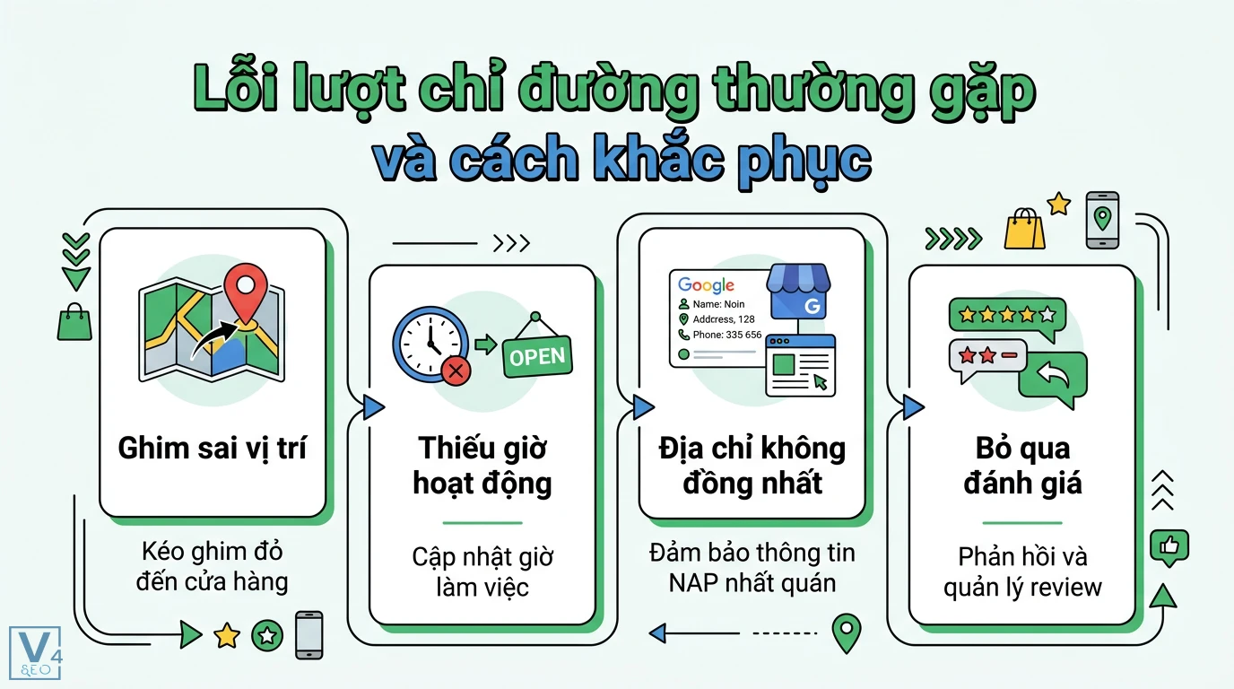 Lượt chỉ đường là gì? Giải mã chỉ số KPI trên Google Maps 3 Lỗi lượt chỉ đường thường gặp và cách khắc phục như kéo ghim đúng vị trí, cập nhật giờ làm việc, nhất quán NAP và quản lý phản hồi đánh giá