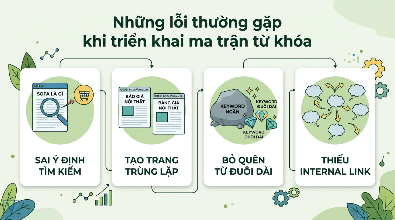 Ma trận từ khóa là gì? Cách lập Topic Cluster và Content Hub 3 Lỗi triển khai ma trận từ khóa gồm sai ý định tìm kiếm, trang trùng lặp, bỏ sót từ khóa đuôi dài và thiếu liên kết nội bộ