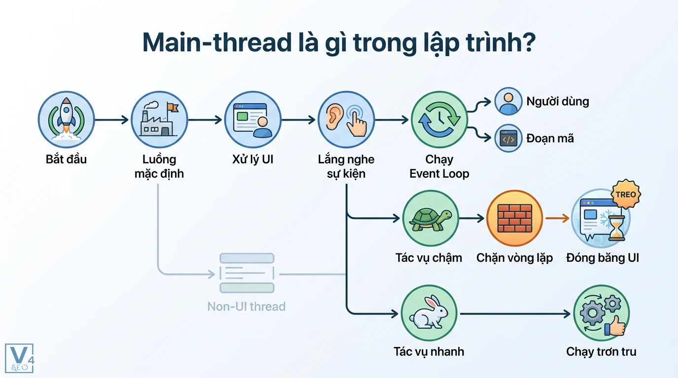 Main-thread là gì? Phân biệt với Background Thread và lỗi ANR 1 Main-thread vận hành Event Loop để xử lý UI và sự kiện đồng thời cho thấy tác vụ chậm gây chặn vòng lặp dẫn đến đóng băng giao diện ứng dụng