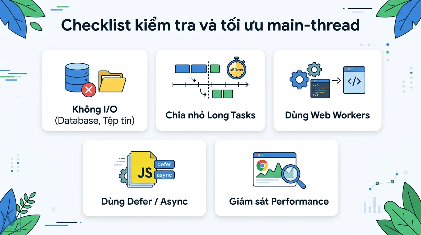 Main-thread là gì? Phân biệt với Background Thread và lỗi ANR 3 Checklist tối ưu main-thread gồm không I/O, chia nhỏ long tasks, dùng Web Workers, thuộc tính defer async và giám sát hiệu suất ứng dụng