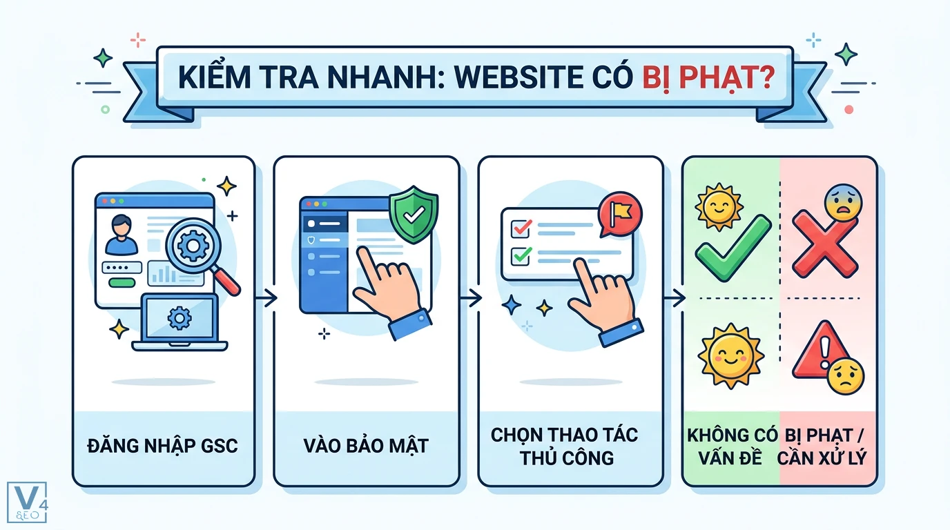 Manual action là gì? Checklist 5 bước gỡ án phạt Google hiệu quả 1 Quy trình kiểm tra website bị phạt trên Google Search Console qua mục Thao tác thủ công để xác định trạng thái an toàn hoặc cần xử lý ngay