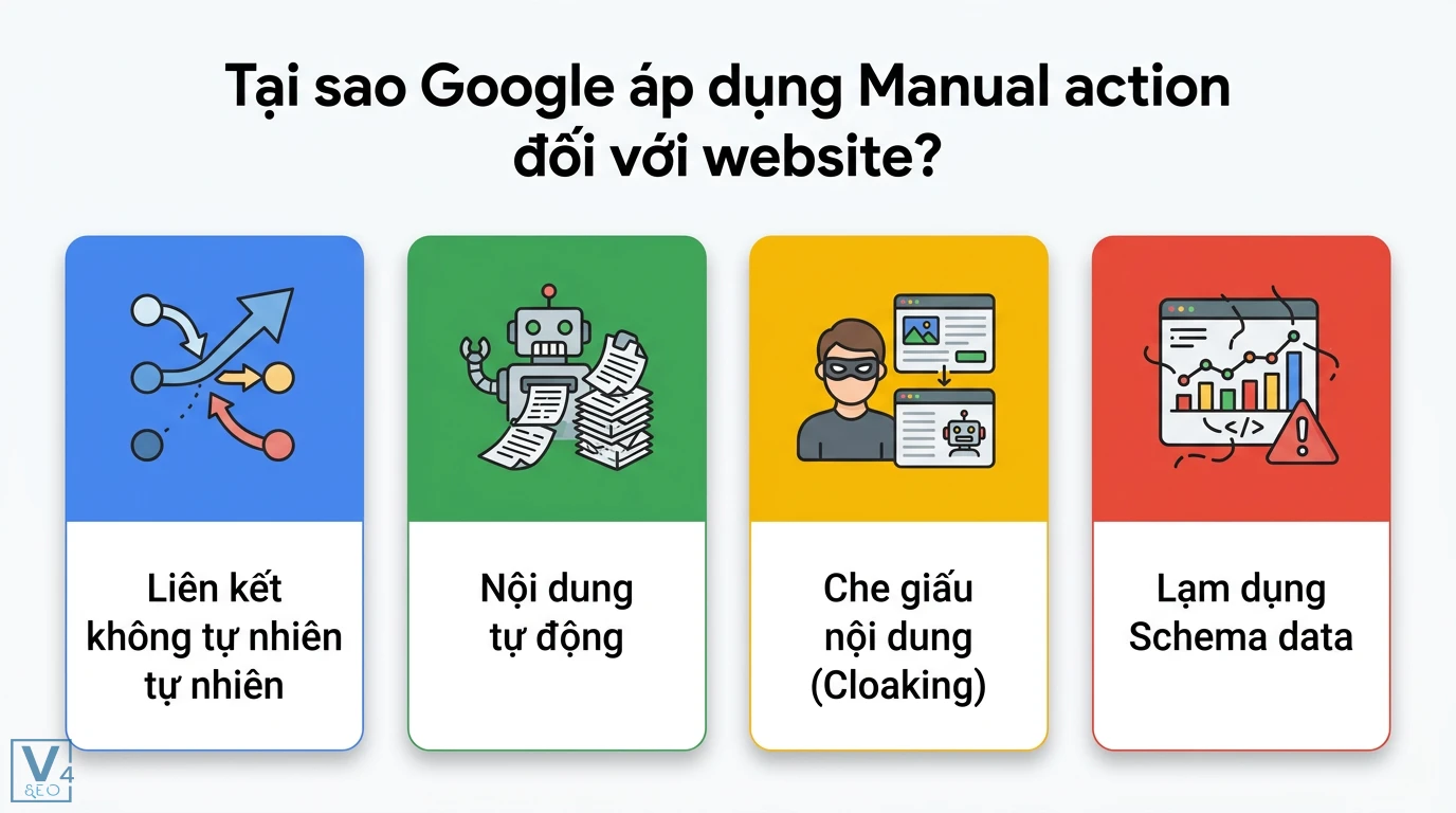 Manual action là gì? Checklist 5 bước gỡ án phạt Google hiệu quả 2 Lý do Google áp dụng Manual action gồm liên kết không tự nhiên, nội dung tự động, che giấu nội dung cloaking và lạm dụng schema data