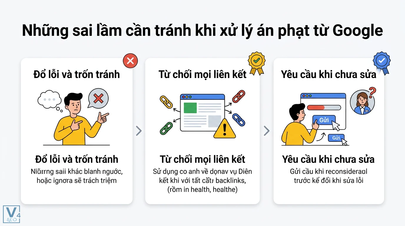 Manual action là gì? Checklist 5 bước gỡ án phạt Google hiệu quả 3 Sai lầm khi gỡ án phạt Google gồm đổ lỗi và trốn tránh, từ chối mọi liên kết và gửi yêu cầu xem xét lại khi website chưa khắc phục xong lỗi