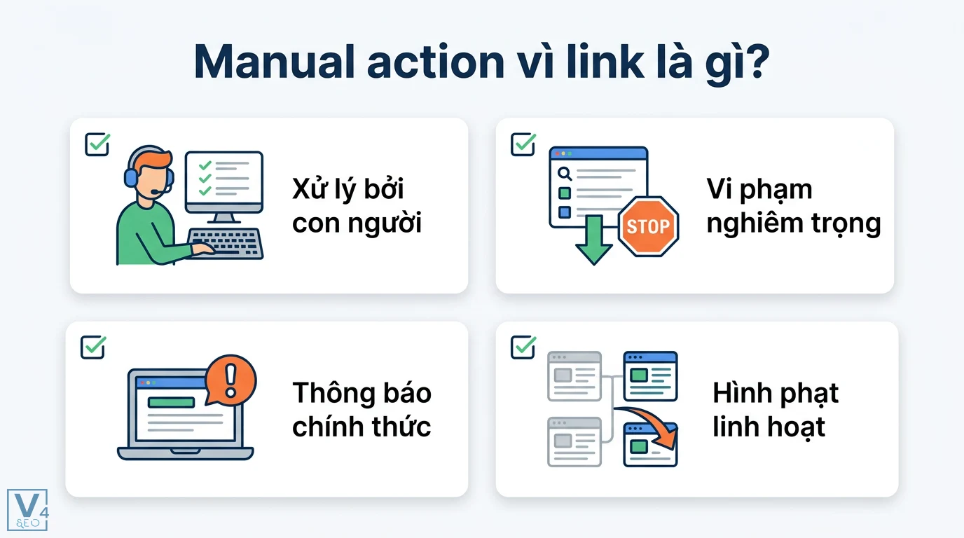 Manual action vì link là gì? Cách gỡ án phạt link không tự nhiên 1 Manual action vì link là quy trình Google xử lý bởi con người khi vi phạm nghiêm trọng kèm thông báo chính thức và hình phạt linh hoạt cho website