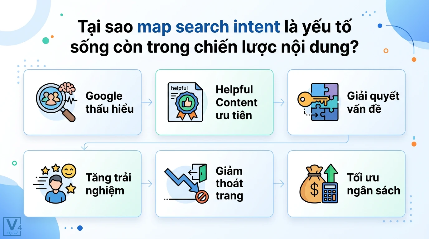 Map search intent là gì? Cách xây dựng framework nội dung SEO 1 Map search intent giúp Google thấu hiểu, ưu tiên Helpful Content để giải quyết vấn đề, tăng trải nghiệm người dùng và tối ưu hóa ngân sách