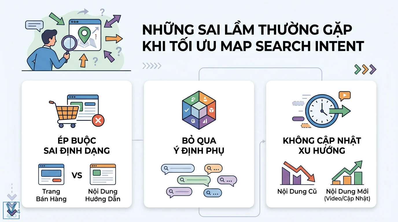 Map search intent là gì? Cách xây dựng framework nội dung SEO 3 Sai lầm khi tối ưu map search intent gồm ép buộc sai định dạng trang bán hàng, bỏ qua ý định phụ và không cập nhật nội dung cũ theo xu hướng