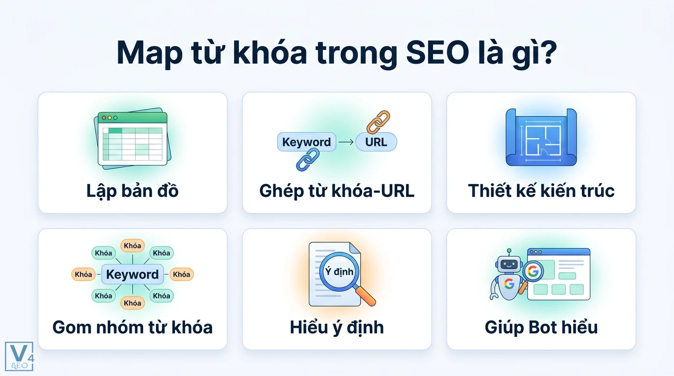 Map từ khóa là gì? Phân biệt Keyword Mapping và SEO Google Maps 1 Quy trình map từ khóa trong SEO gồm gom nhóm từ khóa, ghép cặp URL, hiểu ý định tìm kiếm nhằm tối ưu kiến trúc website và hỗ trợ Google Bot