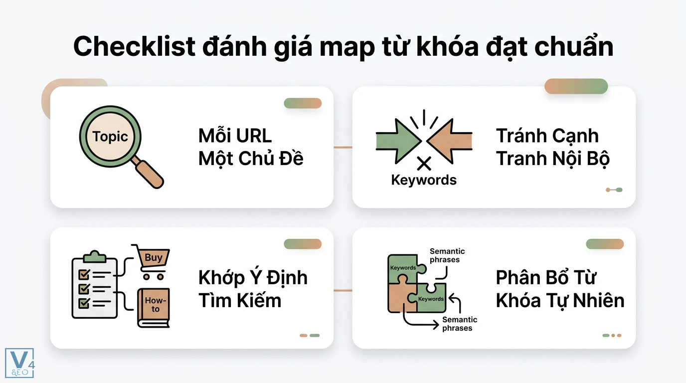 Map từ khóa là gì? Phân biệt Keyword Mapping và SEO Google Maps 2 Checklist đánh giá map từ khóa đạt chuẩn gồm mỗi URL một chủ đề, tránh cạnh tranh nội bộ, khớp ý định tìm kiếm và phân bổ từ khóa tự nhiên