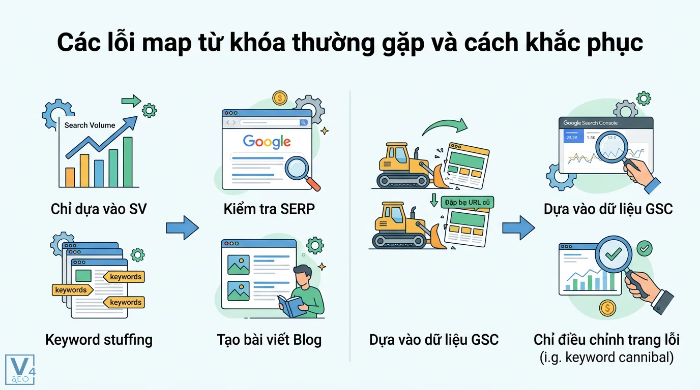 Map từ khóa là gì? Phân biệt Keyword Mapping và SEO Google Maps 3 Khắc phục các lỗi map từ khóa thường gặp như chỉ dựa vào Search Volume, nhồi nhét từ khóa bằng việc kiểm tra SERP và sử dụng dữ liệu từ GSC