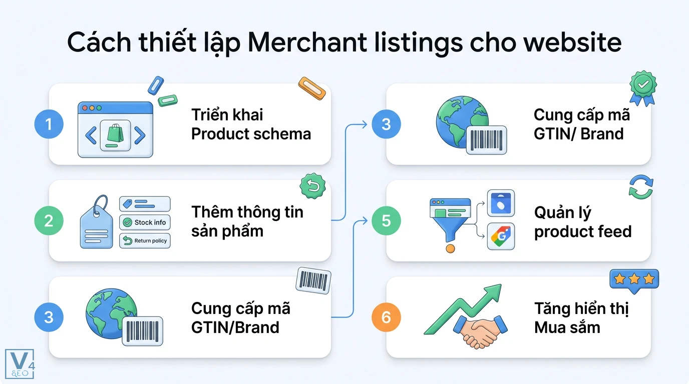 Merchant listings là gì? Phân biệt với Listing trên sàn TMĐT 2 Thiết lập Merchant listings qua các bước triển khai Product schema, cung cấp mã GTIN, quản lý product feed giúp tăng hiển thị mua sắm