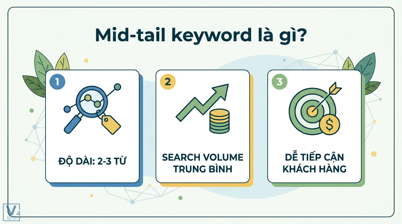 Mid-tail keyword là gì? Cách cân bằng traffic và chuyển đổi 1 Mid-tail keyword với độ dài 2-3 từ và search volume trung bình giúp doanh nghiệp tối ưu khả năng tiếp cận khách hàng mục tiêu hiệu quả