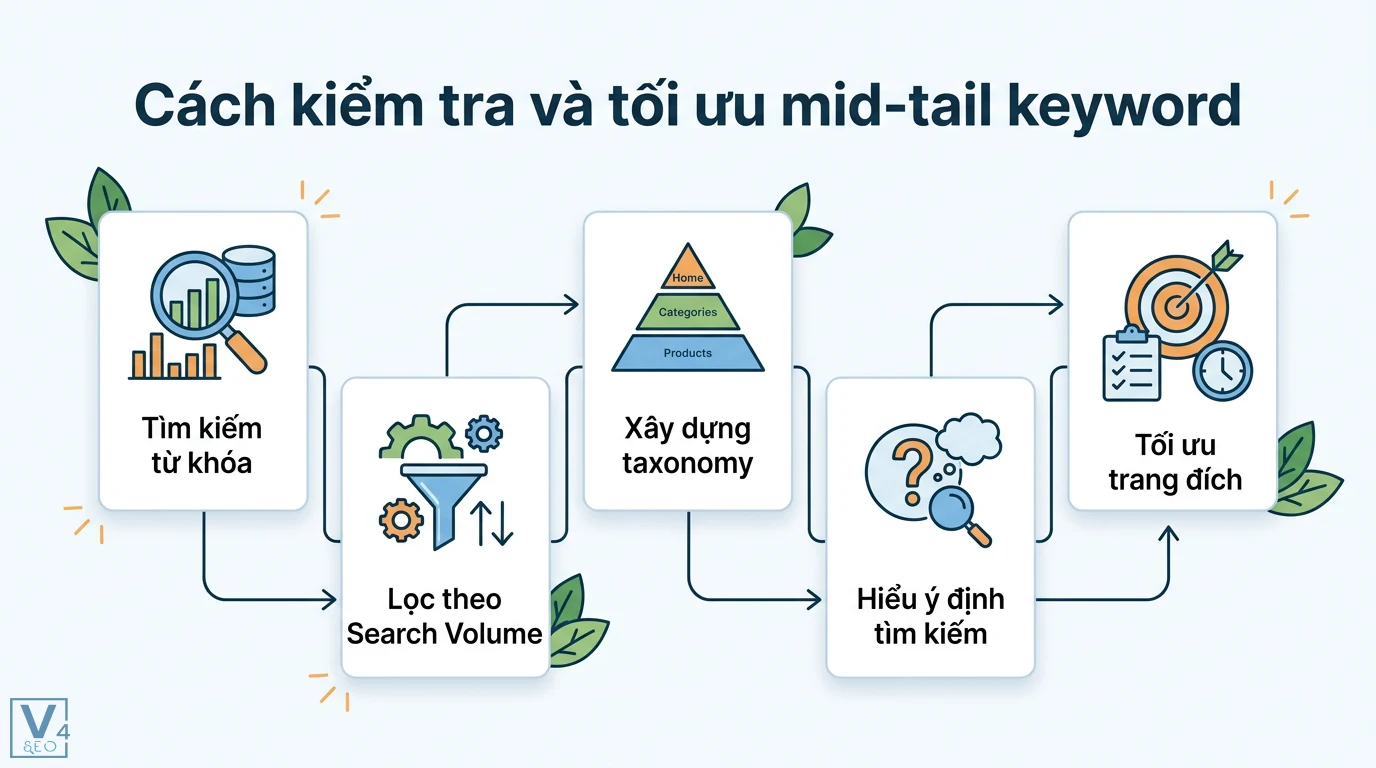 Mid-tail keyword là gì? Cách cân bằng traffic và chuyển đổi 2 Quy trình tối ưu mid-tail keyword qua các bước tìm kiếm, lọc volume, xây dựng taxonomy, hiểu ý định tìm kiếm và tối ưu hóa trang đích