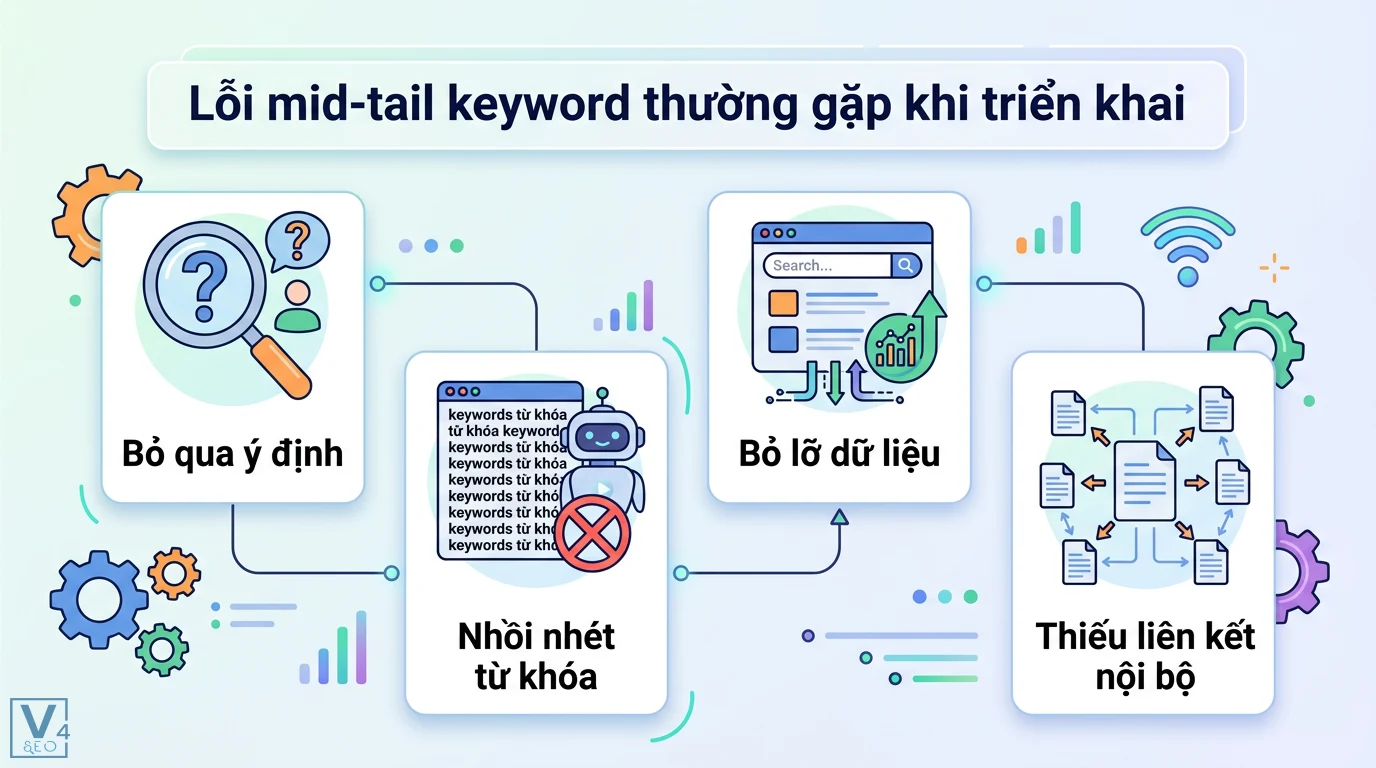 Mid-tail keyword là gì? Cách cân bằng traffic và chuyển đổi 3 Lỗi mid-tail keyword thường gặp khi triển khai gồm bỏ qua ý định tìm kiếm, nhồi nhét từ khóa, bỏ lỡ dữ liệu và thiếu liên kết nội bộ