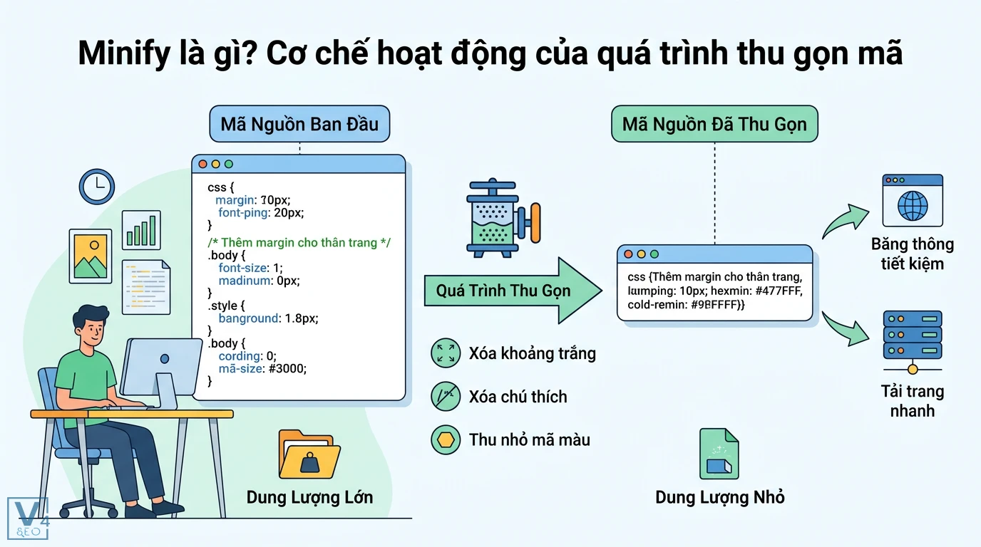 Minify là gì? Cách tối ưu HTML CSS JS chuẩn Core Web Vitals 1 Minify thu gọn mã nguồn bằng cách xóa khoảng trắng và chú thích để giảm dung lượng tệp giúp tiết kiệm băng thông và tăng tốc độ tải trang