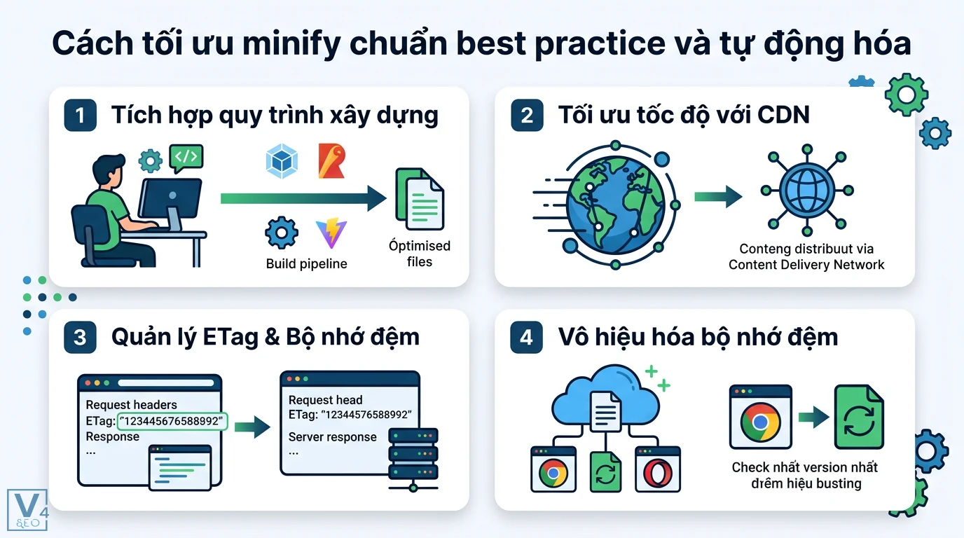 Minify là gì? Cách tối ưu HTML CSS JS chuẩn Core Web Vitals 2 Quy trình tối ưu minify chuẩn best practice gồm tích hợp build pipeline, sử dụng CDN, quản lý ETag và tự động vô hiệu hóa bộ nhớ đệm