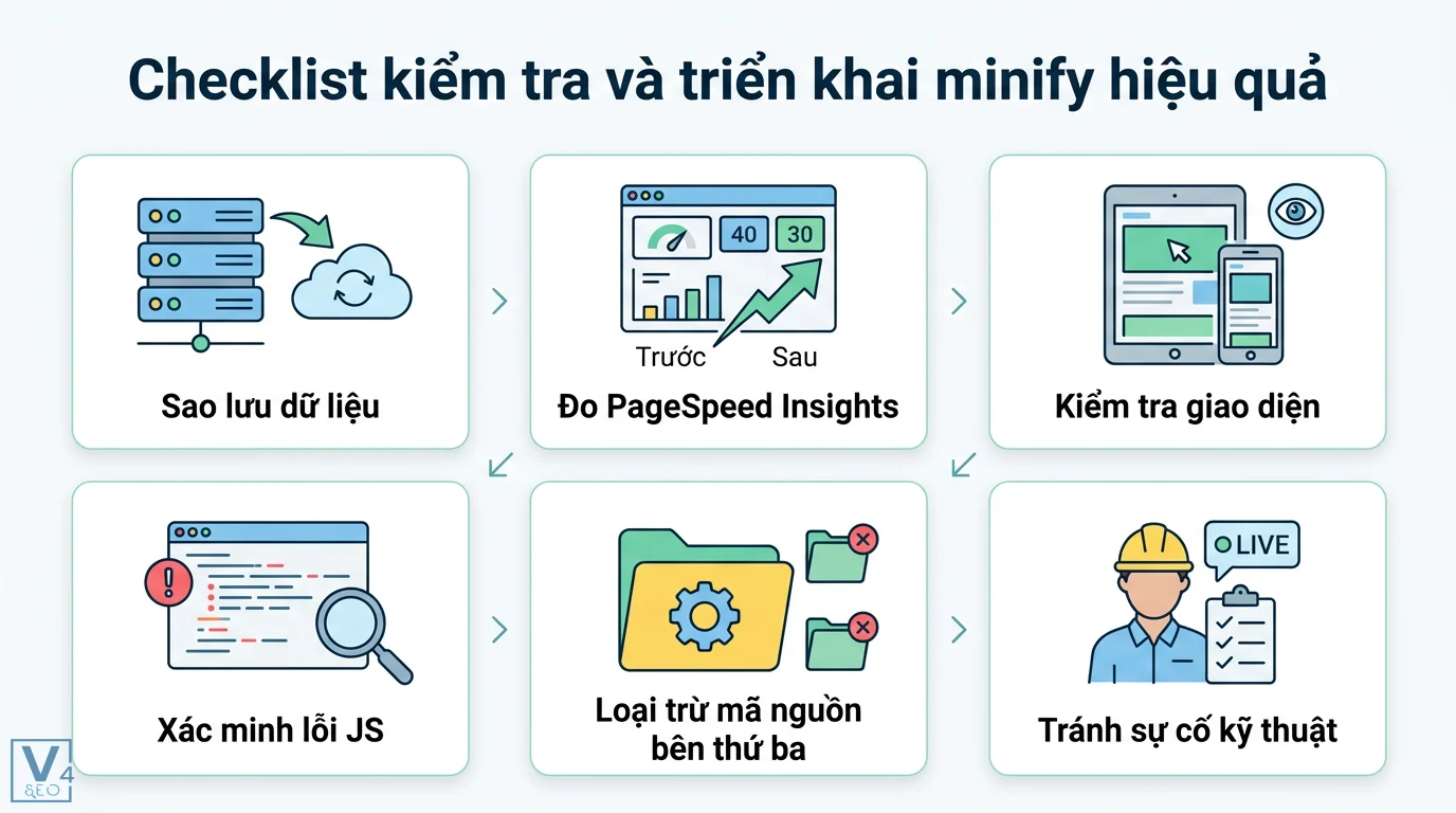 Minify là gì? Cách tối ưu HTML CSS JS chuẩn Core Web Vitals 3 Checklist kiểm tra và triển khai minify hiệu quả gồm sao lưu dữ liệu, đo PageSpeed Insights, kiểm tra giao diện, lỗi JS và loại trừ mã nguồn